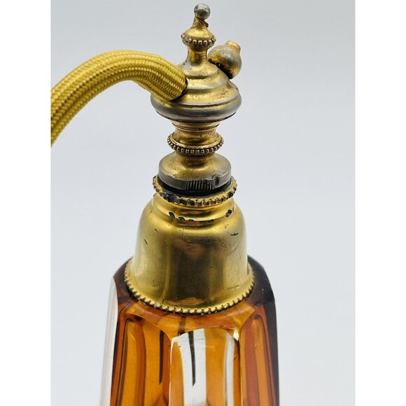 Vtg Cut To Clear Amber Crystal Glass Perfume Bottle Atomizer - Picture 5 of 9